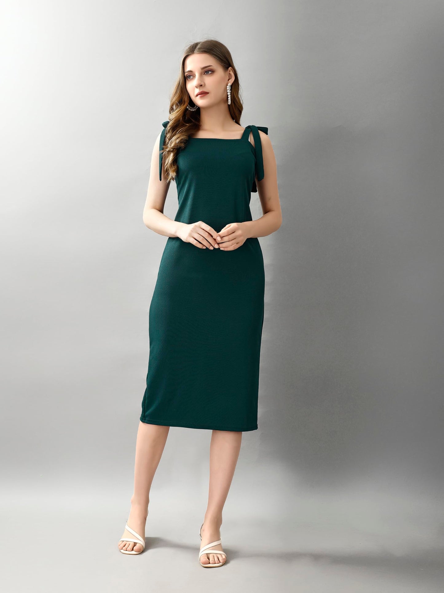Attire Empire Women Solid Dark Green Squared Neck Tie-Up Shoulder Straps Bodycon Midi Dress