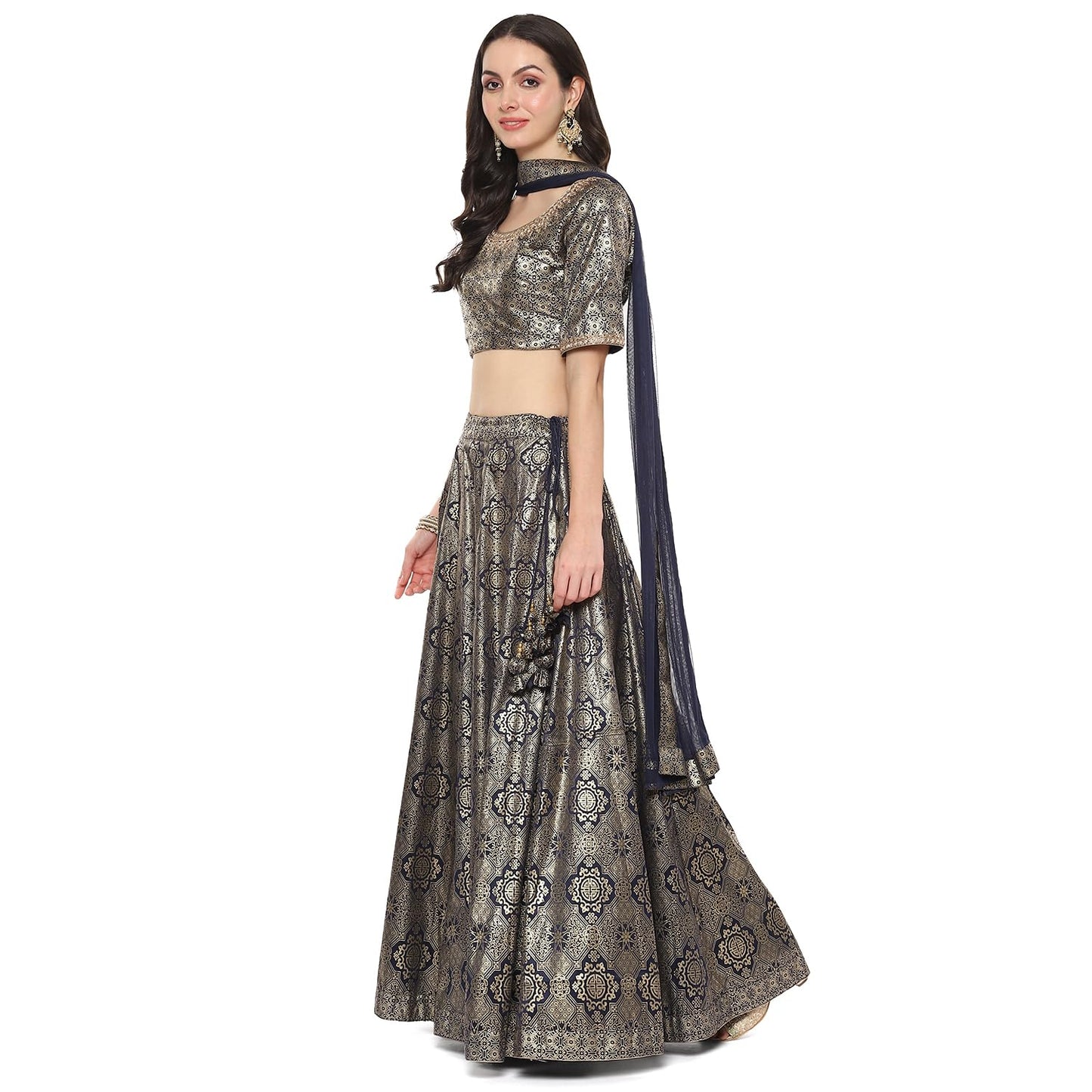 BIBA Women Printed Straight Polyester Readymade Lehenga Set (Skdassorted8935_Navy Blue_42)
