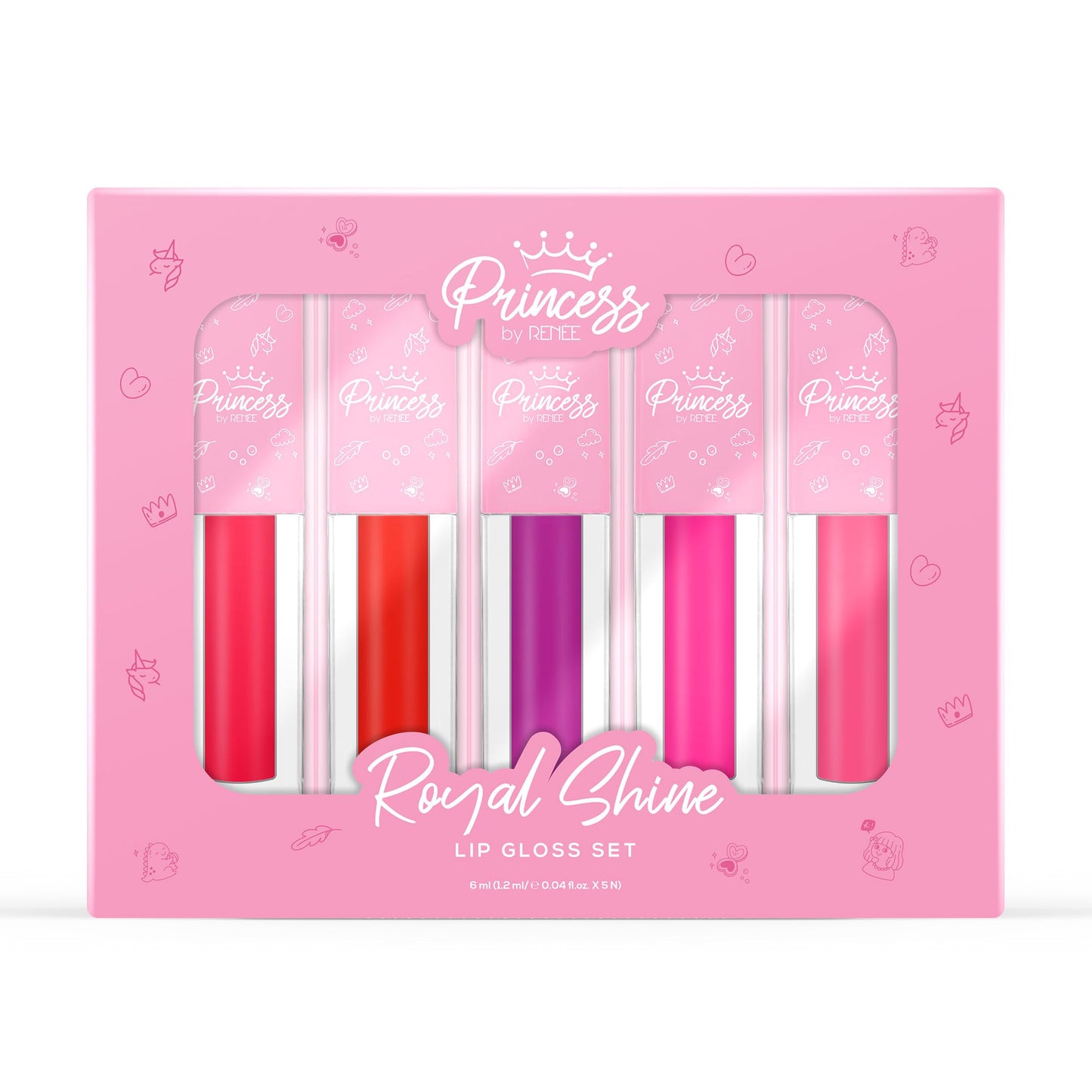 Princess by RENEE Royal Shine Lip Gloss Set, Soft, Shiny & Nourishing, Lightweight, Non-Sticky, Enriched with Strawberry Seed Oil, Jojoba & Avocado Oil, 5 Gentle Shades for Young Lips, 1.2Ml Each