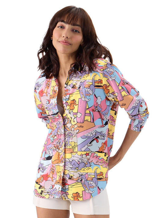 The Souled Store Official Tom & Jerry: High Energy Women and Girls Long Sleeve Button Front Collared Neck All Over Print Regular Fit Shirts Multicolour Old Retro Cartoon 90s Animated Character