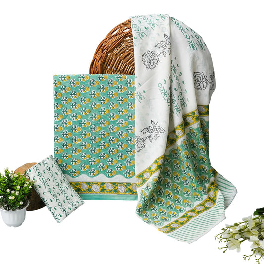 Kwatchi Woman's & Girls Jaipuri Hand Block Print Unstitched Suit Material with Cotton Dupatta(Mint Green)