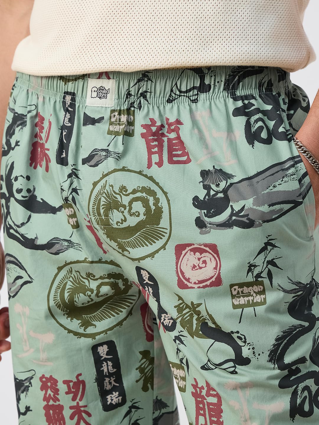 The Souled Store Kung Fu Panda: Warrior Men and Boys Elastic Waistband Green All Over Printed Cotton Regular Fit Lightweight All-Season Lounge Pyjamas