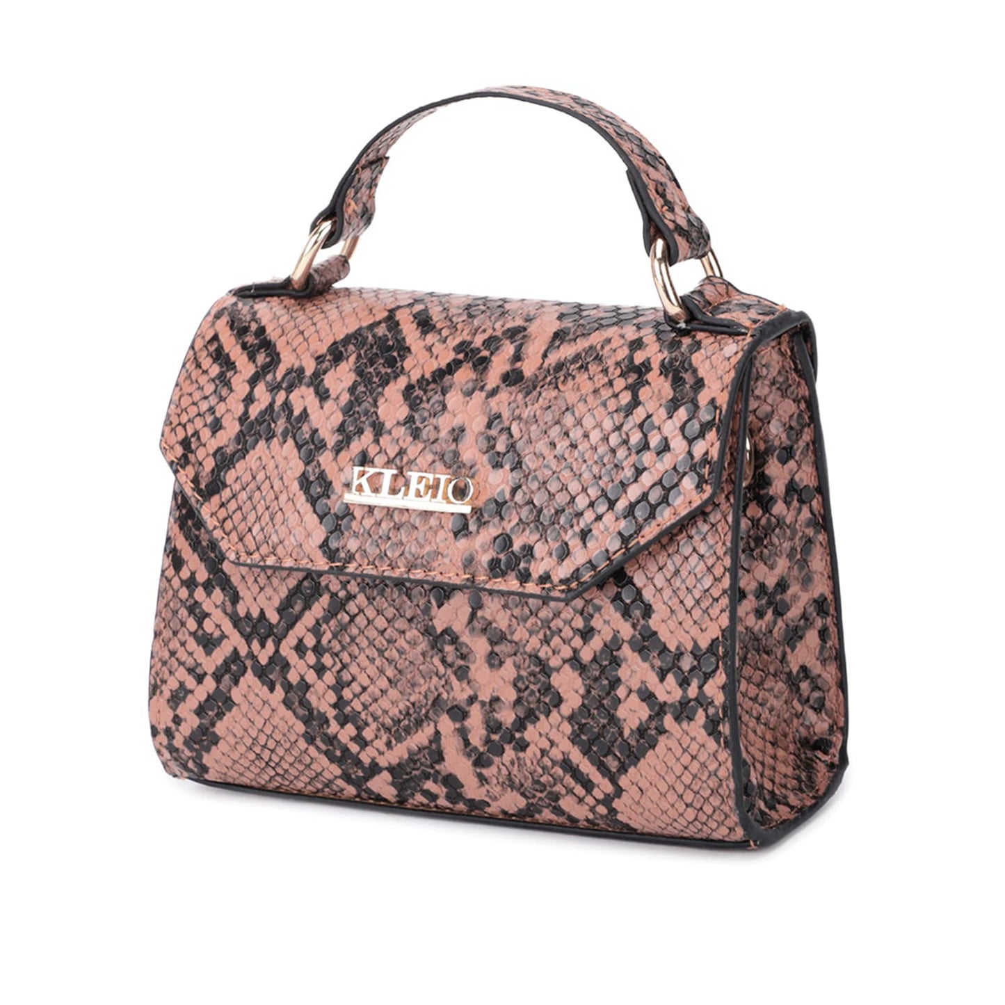 KLEIO Snake Printed Leather Mini Handbag for Women (Peach) with Top Handle | Crossbody Bag for Girls with Adjustable & Detachable Sling Strap | Suitable for Everyday Use, College & Travel