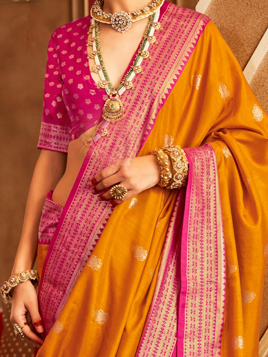 SAREE MALL Women's Orange Silk Blend Ethnic Motif Woven Design Saree With Unstitched Blouse (HASTP10313_RW)