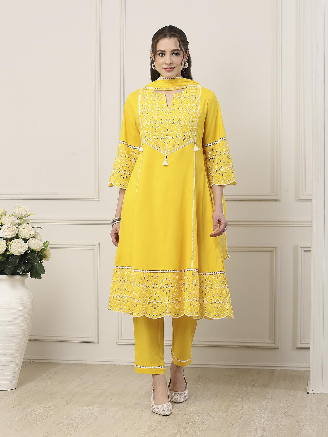Biba Women Yellow Cotton Kalidar Suit Set_34