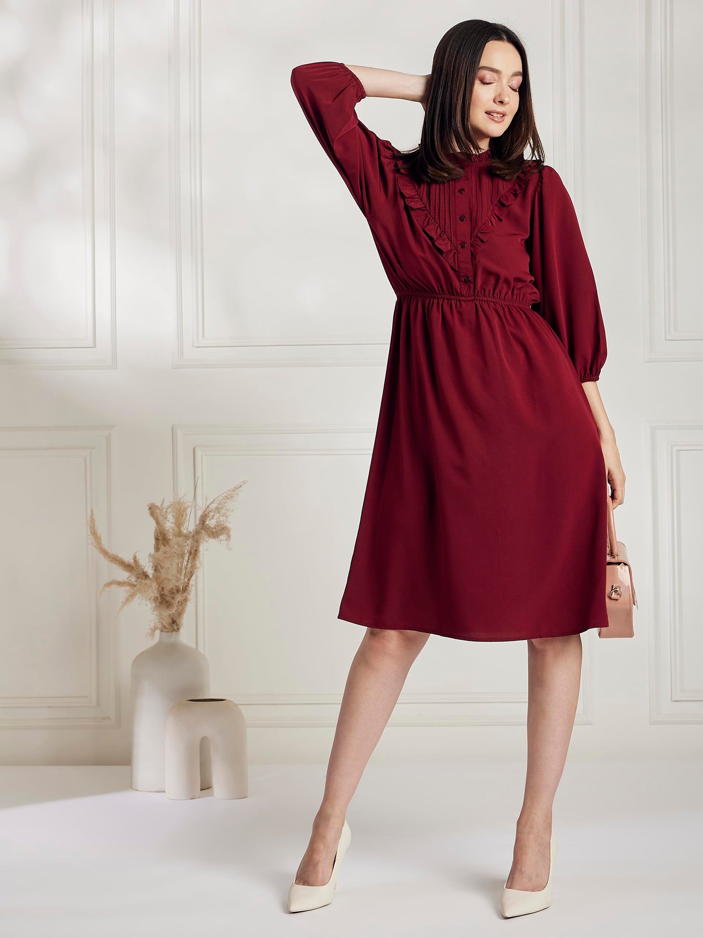 Carlton London Women's Crepe A-Line Knee-Length Casual Dress (CL8015A_Maroon_L)