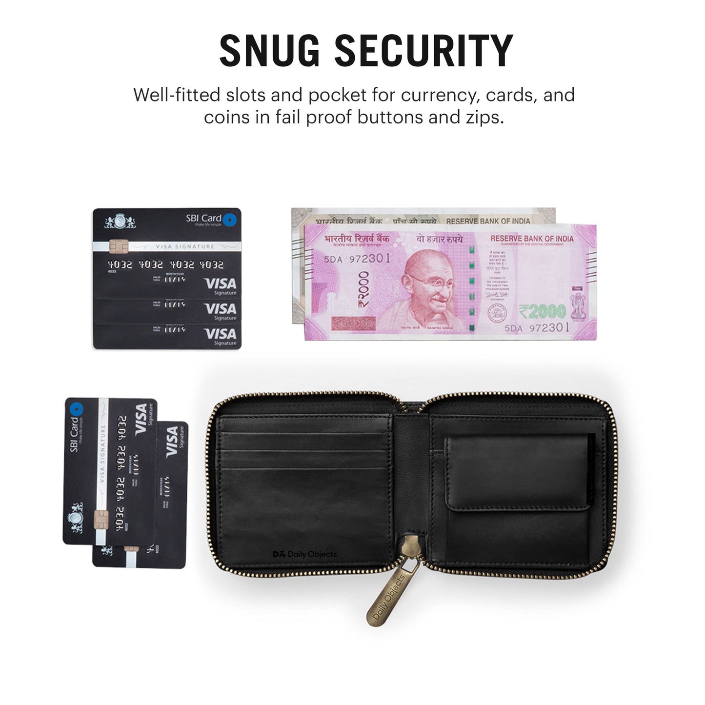 DailyObjects Black Women's Zip Wallet | Made with Vegan Leather Material | Carefully Handcrafted | Holds up to 8 Cards | Slim and Easy to Fit in Pocket | Coin Pocket with Button Closure