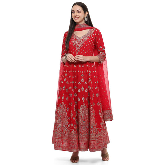 BIBA Silk Women Printed Anarkali Salwar Kurta Dupatta(Skddurgotsa8919_Red_38)