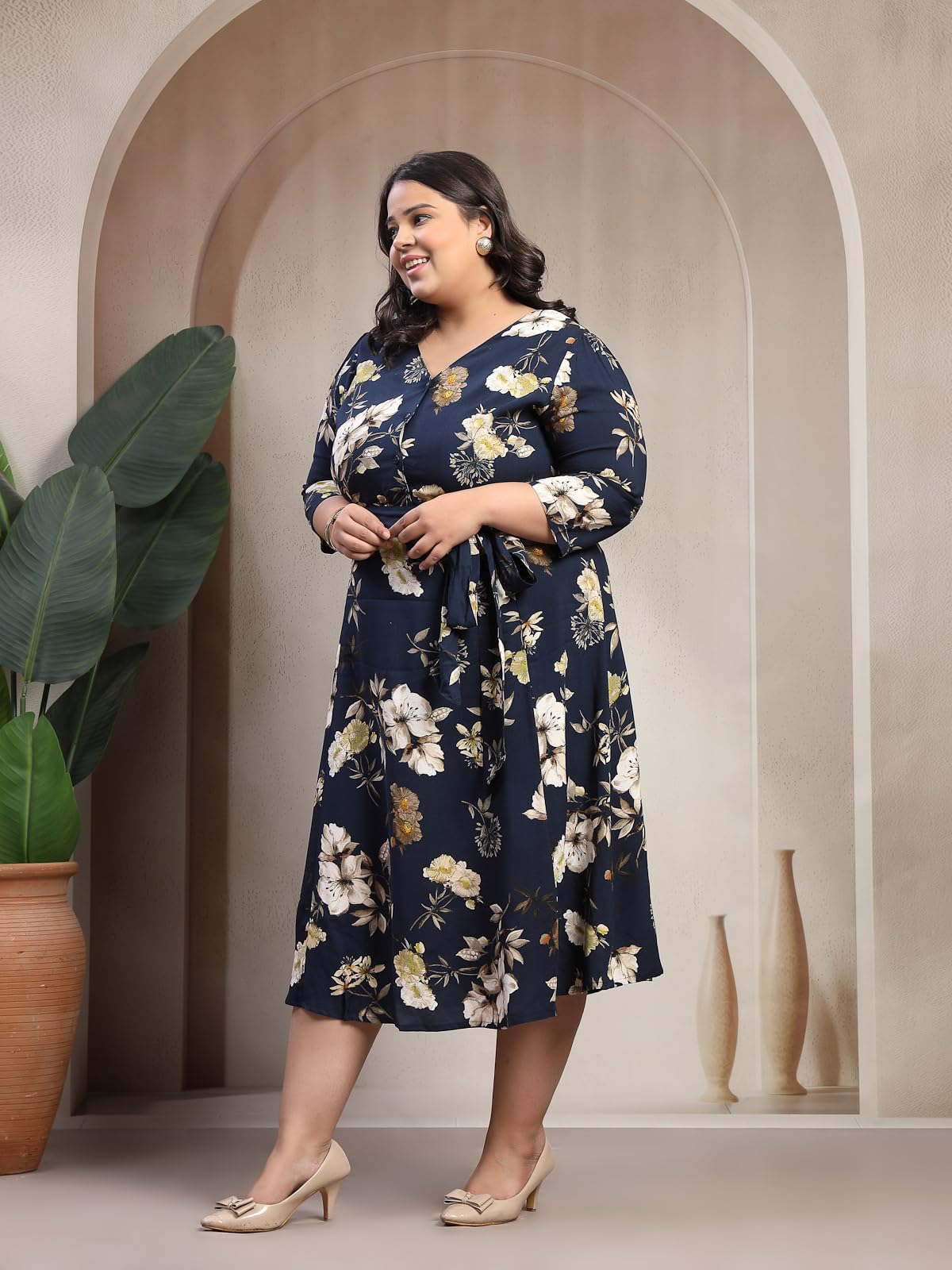 Women Plus Size Floral Print Puff Sleeve Maxi Dress (LDR20244-BLUEBEIGEFLORAL-7XL)