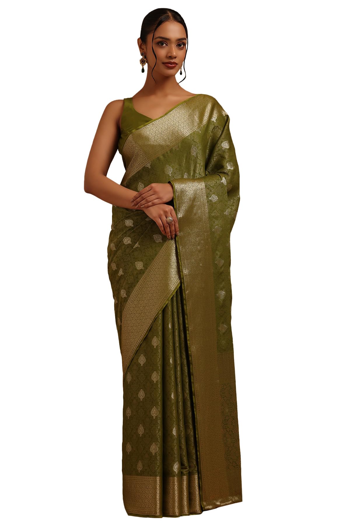 Soch Womens Olive Georgette Ethnic Motifs Zari Woven Saree