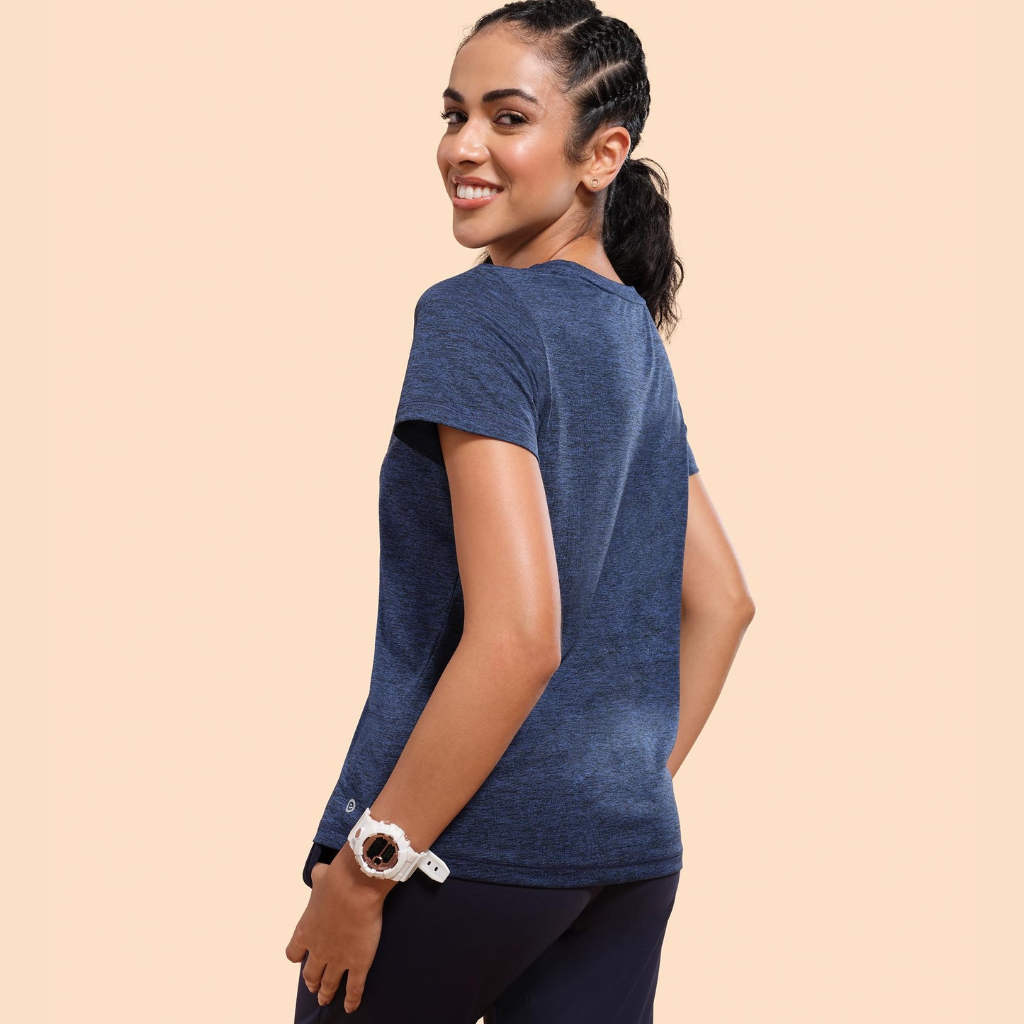 Enamor Women's Polyester Letter Print Relaxed Fit T-Shirt (A309_Navy Melange-Active Reflective, Large