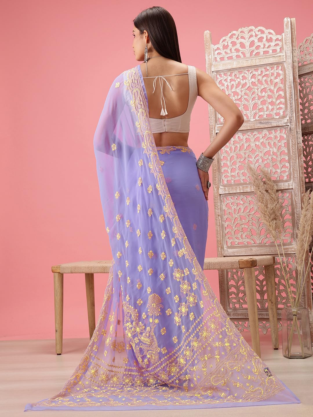 Ada Hand Embroidered Lucknowi Chikankari Georgette Saree for Women with Unstitched Blouse Piece A311377 Mauve & Yellow