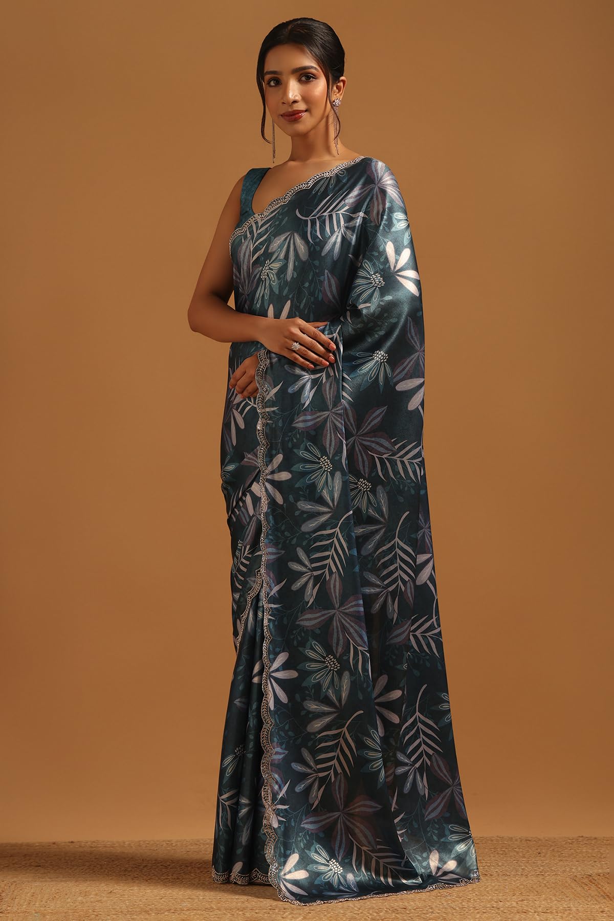 Soch Womens Blue Satin Botanical Saree With Stone Work