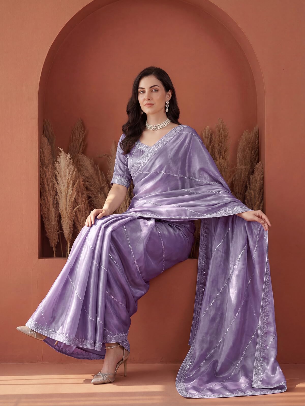 SIRIL Women's Tissue Silk Sequin Embroidery Saree with Unstitched Blouse Piece (4472S111A_Dusty Light Purple)