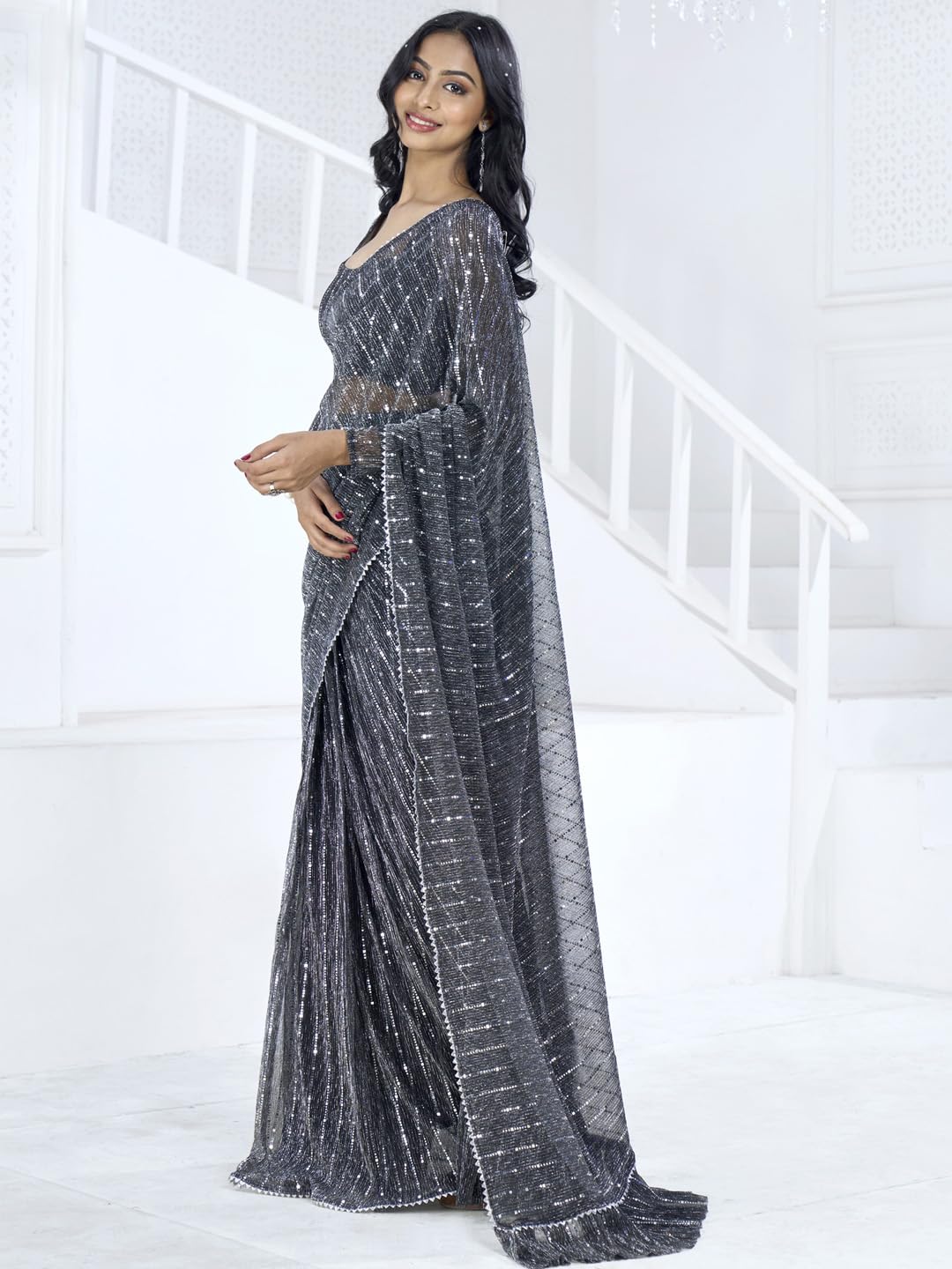 SAREE MALL Women's Embellished Printed Ready To Wear one Minute Ready To Wear one Minute Saree With Unstitched Blouse (Black_RTWMAHEK5001E_MK)