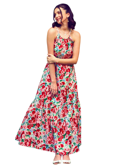 SASSAFRAS Women's Poly Crepe Maxi Full Length Casual Dress (SFDRSS11308_Red