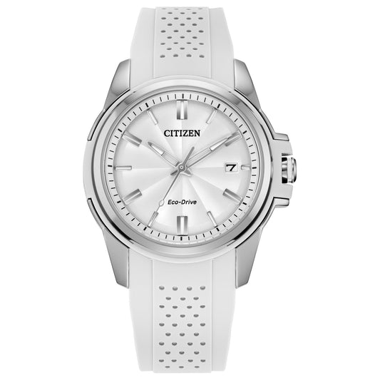 Citizen Ladies' Eco-Drive Classic Silver Stainless Steel 3 Hand Watch with White Rubber Strap,White Dial (Model:FE6131-04A), Silver, Classic