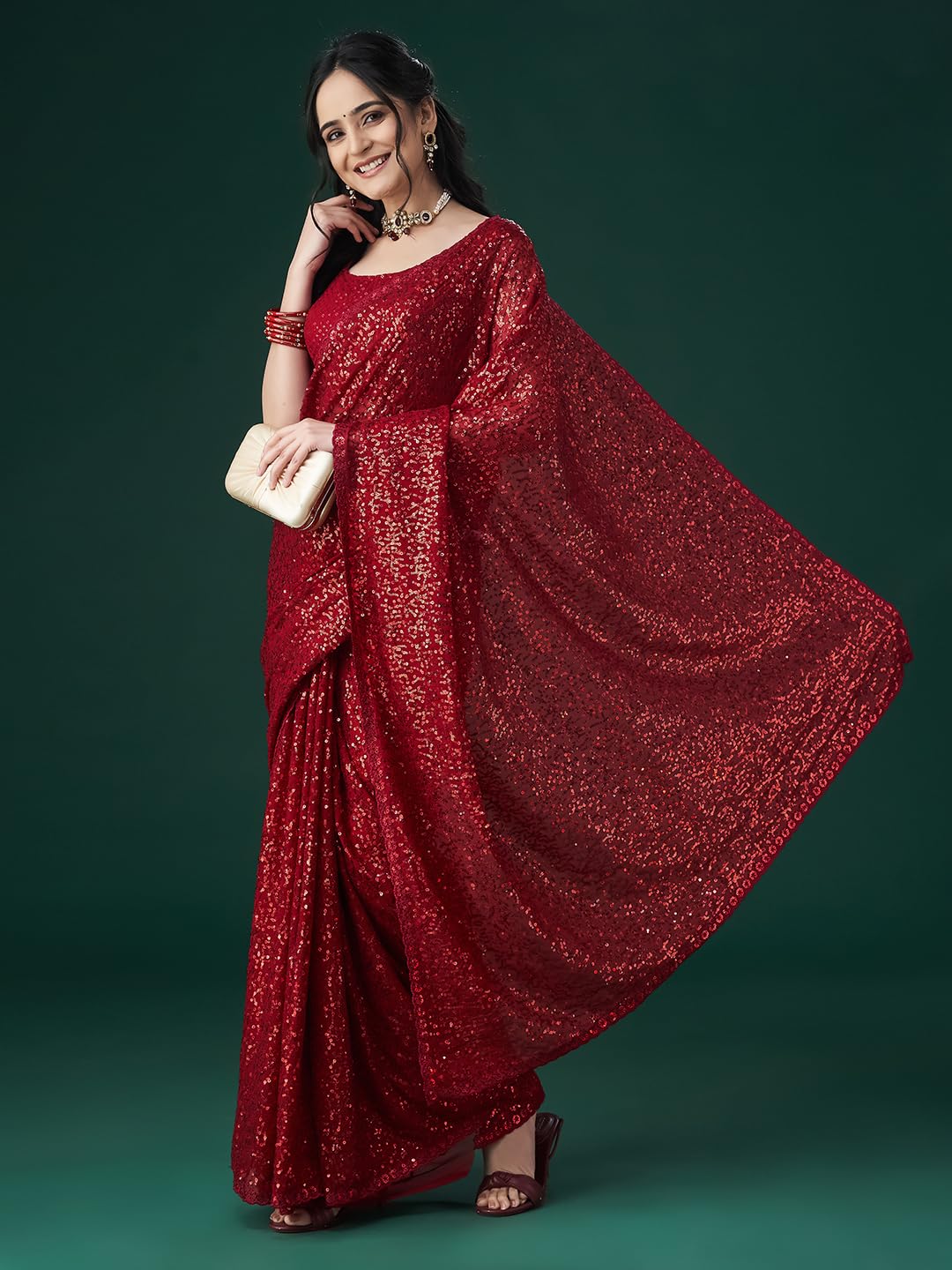 Kasee Women Embellished Sequinned Saree with Blouse Piece (Cherry)