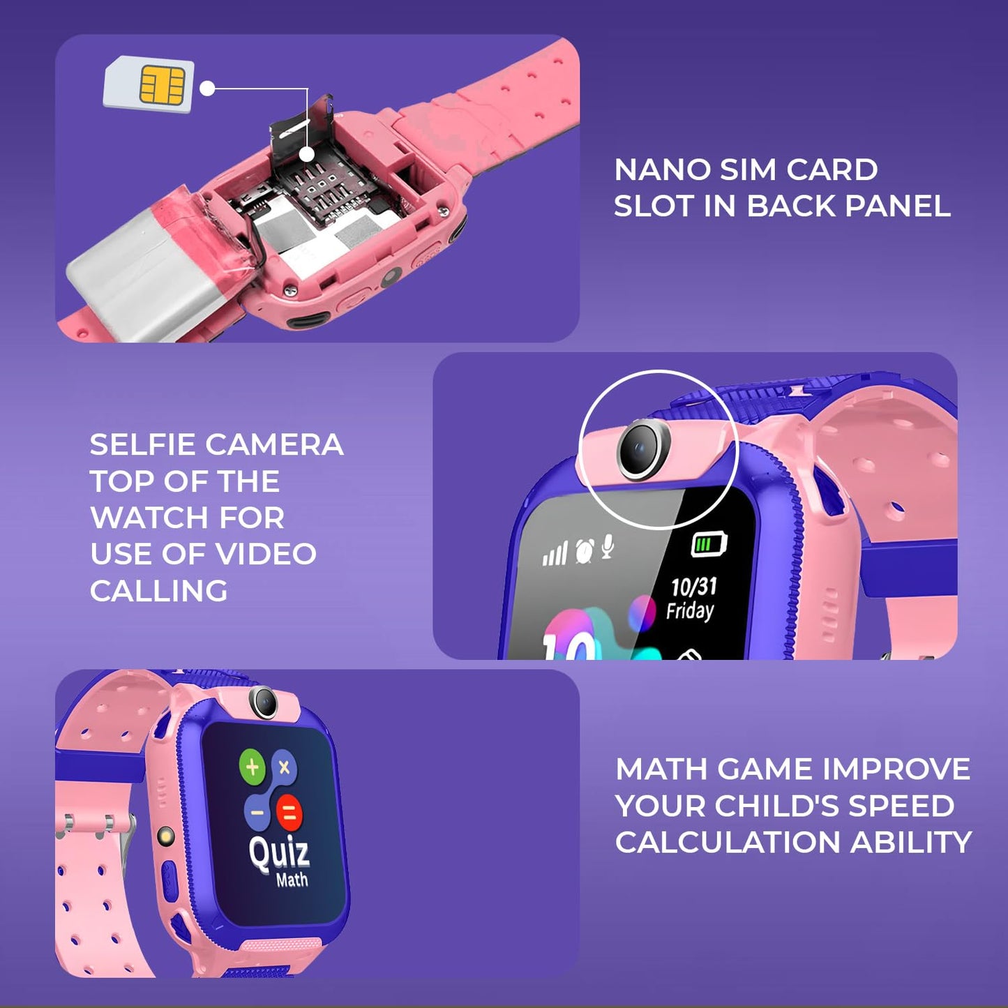GameSir Kids Smartwatch for Boys & Girls, Men & Women, Sim Card Support, Location Tracker/GPS System, Camera, Video,Notification,Alarm, Waterproof, Calling Smart Watch-Pink