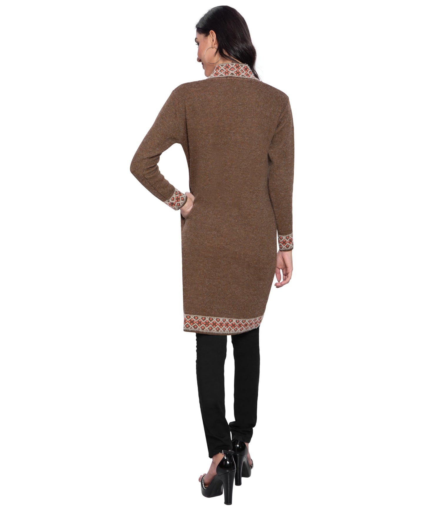 Women Woolen Log Sweater || Long Shrugs || Printed Woollen Coat || Open Front Longline Shrug Cardigan (IN, Alpha, XL, Border Brown)