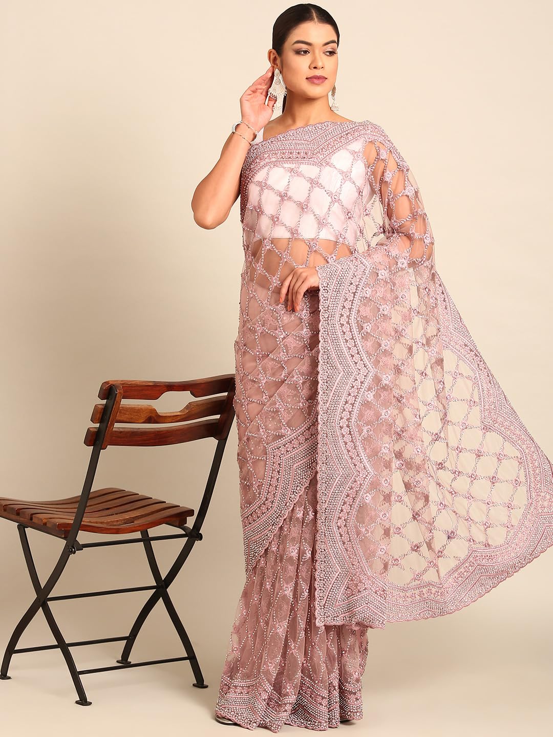MOHEY Purple Net Embroidery|Stone Work Saree for Women