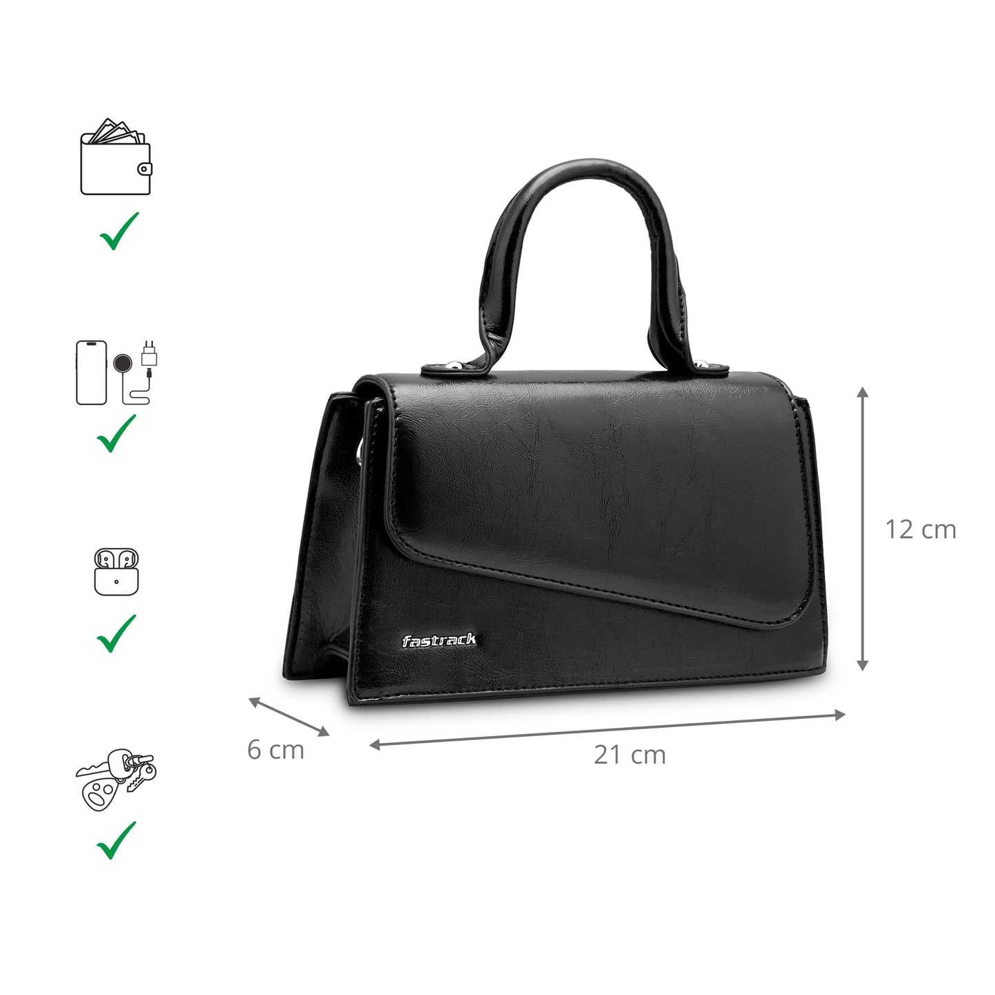 Fastrack Lil’Spark Sling | Black Faux-Leather Women’s Handbag | Sling with Fixed Handle & Detachable Strap for Casual & Party Carry