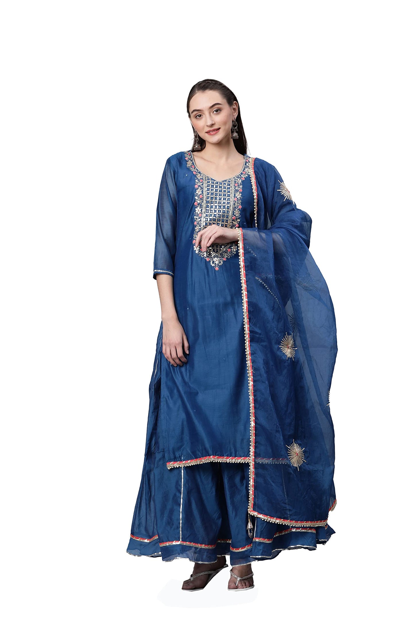 Divena Blue Solid Chenderi Kurta Skirt Set with Dupatta-DK0739-5XL