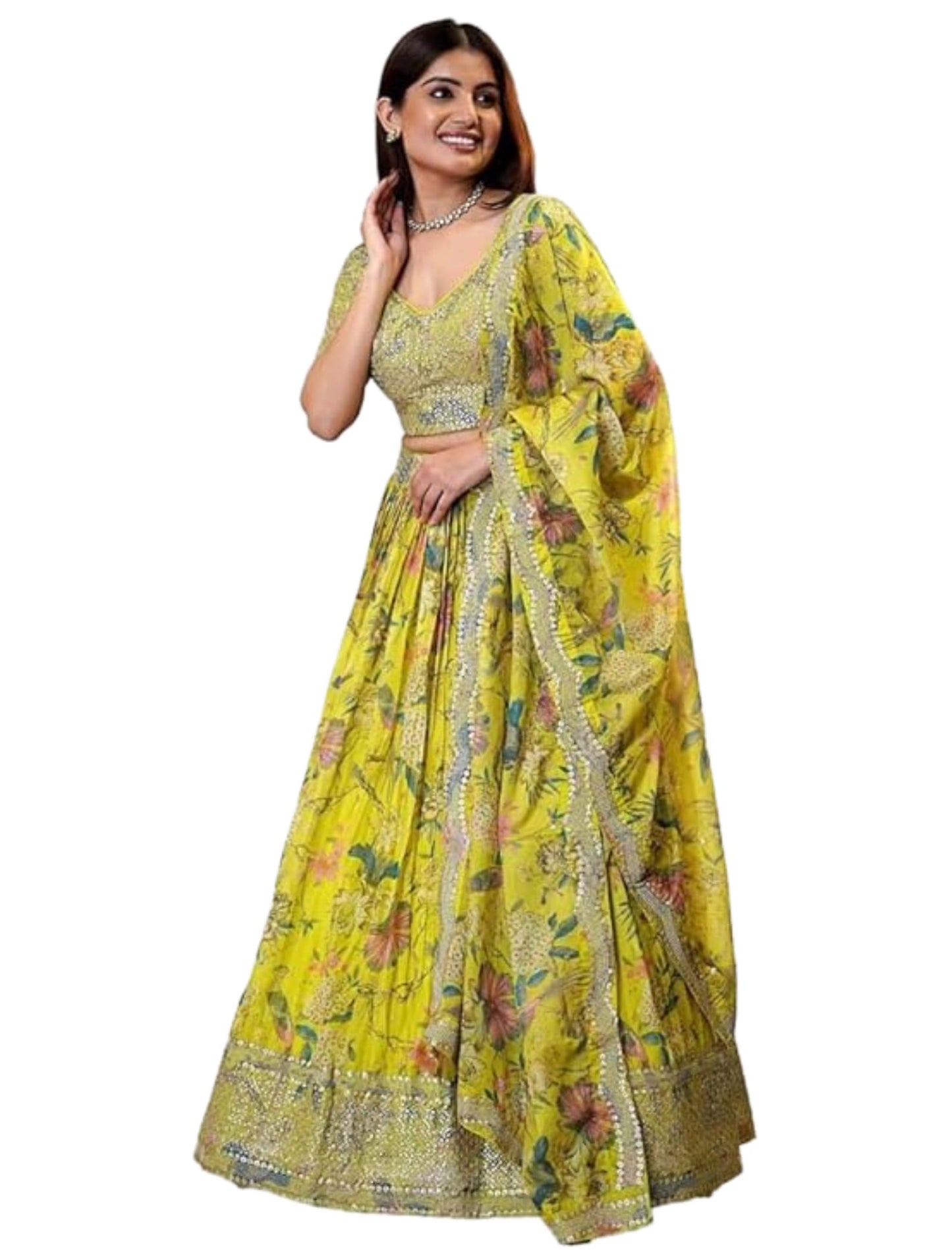 JIHU CULTURE Yellow Digital Print with Sequence Zari Embroidery Work Semi-Sttiched Lehenga Choli Set For Women's