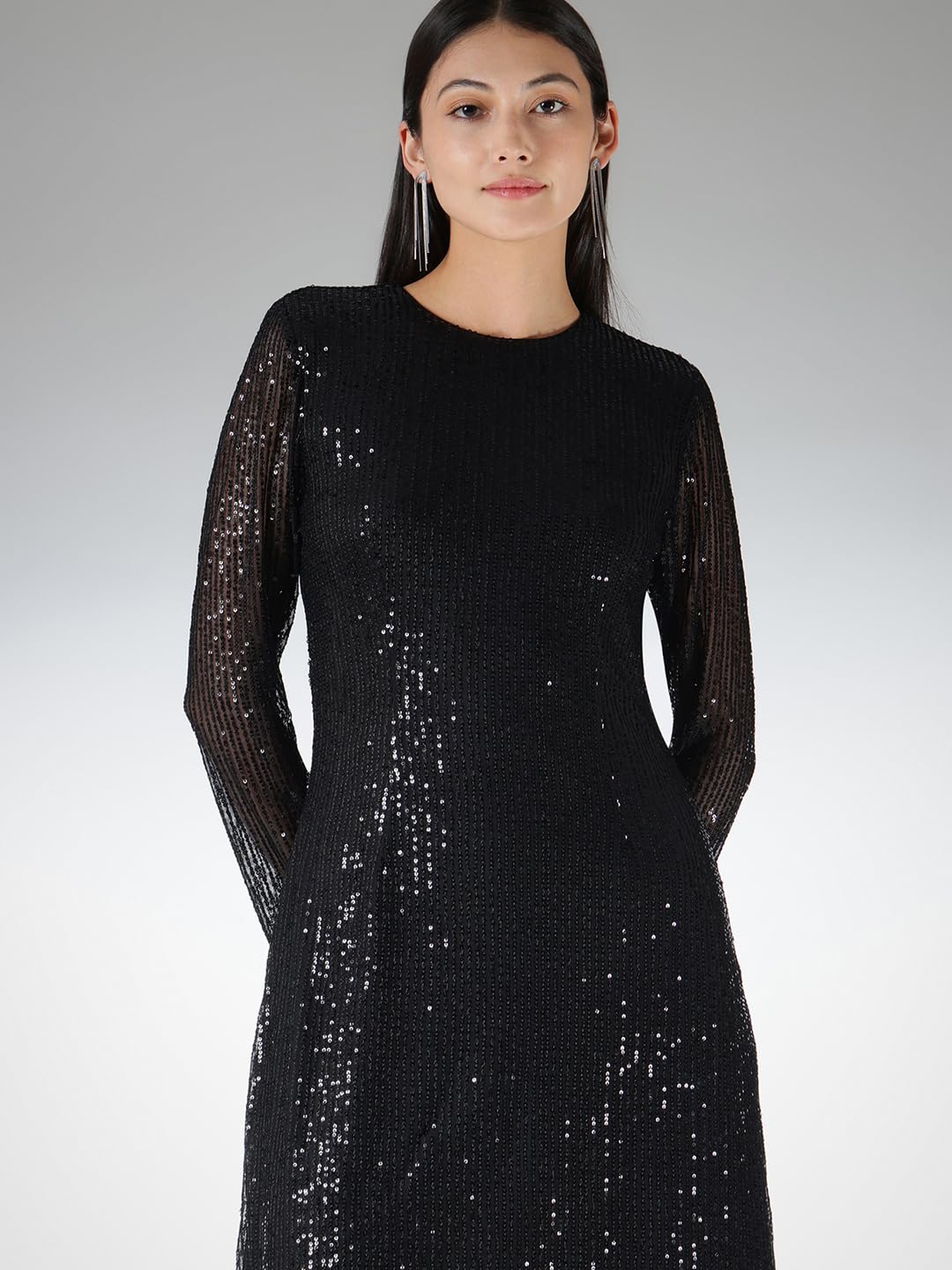 FableStreet Women Party Dress | Slim Fit A-Line Above Knee Length | Sequined Fabric, Round Neck, Full Sleeves with Slits | Perfect for Evening & Cocktail Occasions | Black