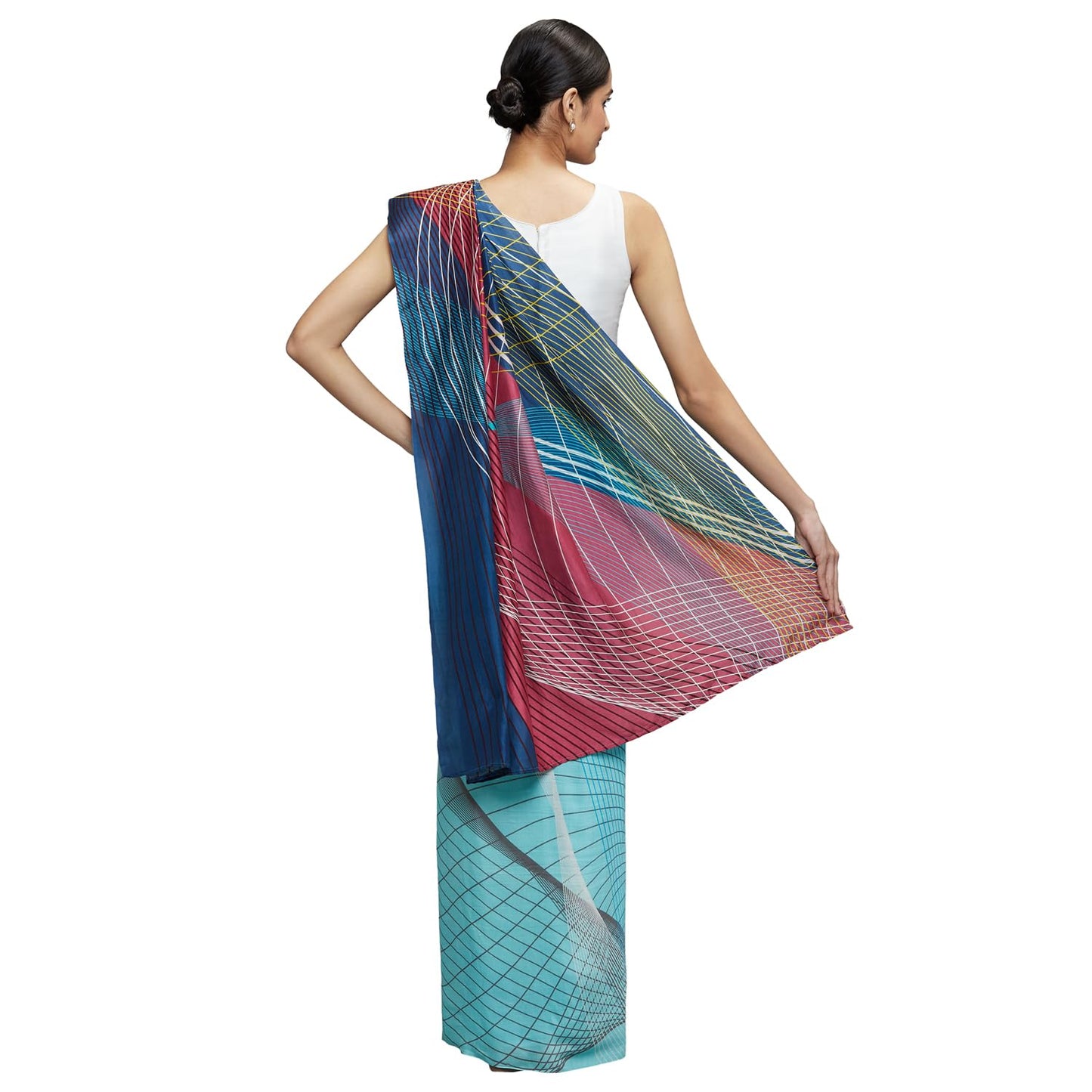 navyasa Dark Blue Liva Organza Geometric Print Saree