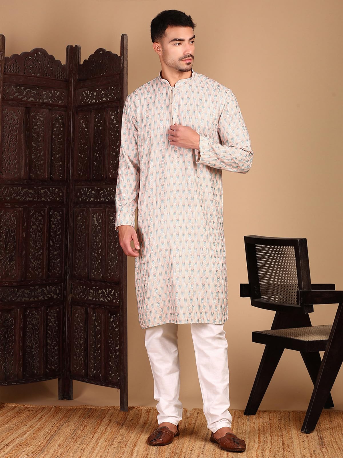 Sanwara Men's Cotton Floral Regular Kurta Set
