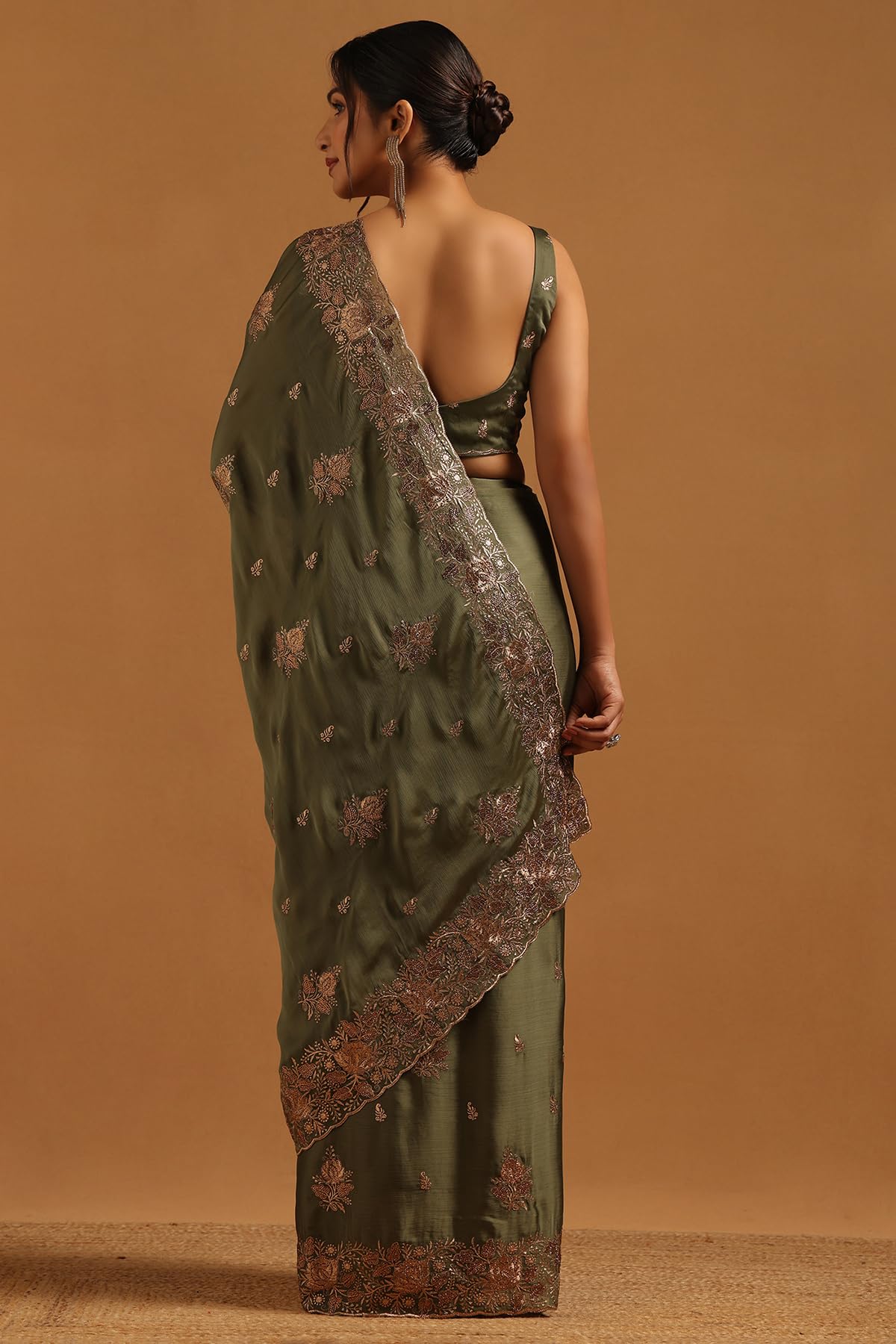 Soch Womens Green Fendy Chiffon Floral Saree With Stone Work