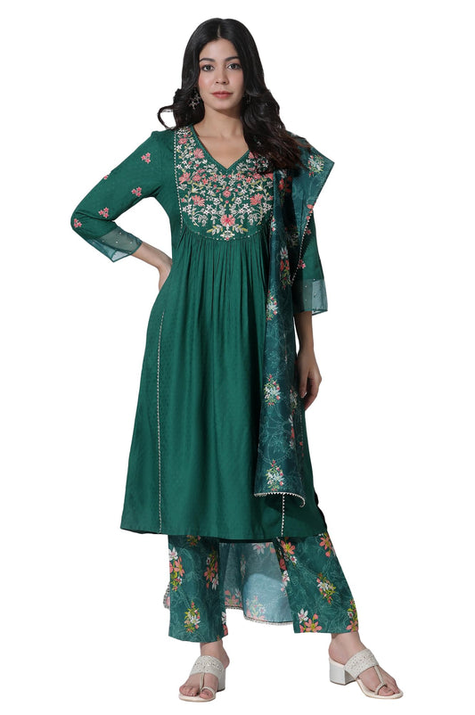 W for Woman Emerald Green Panelled Embroidered Kurta, Pants and Printed Chanderi Dupatta_24AUWS11400-221953_XL