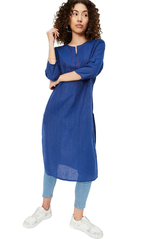 Max Cotton Blend Women Striped Regular Fit Straight Kurta (PKBL41001BLUE)_Medium