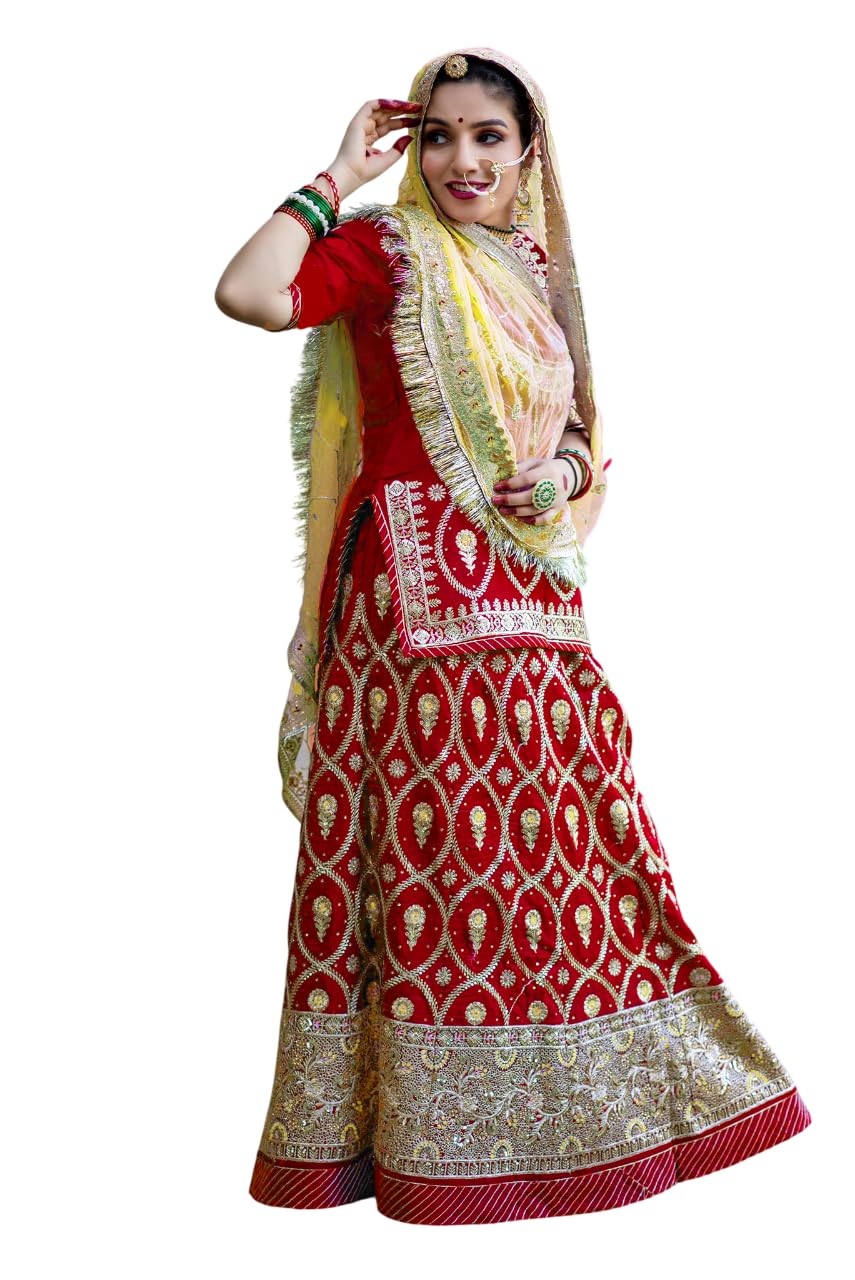 SHYAMLATA New Bridal Rajputi Lehenga Set for Women Traditional Embroidered Silk with Dupatta (Red)