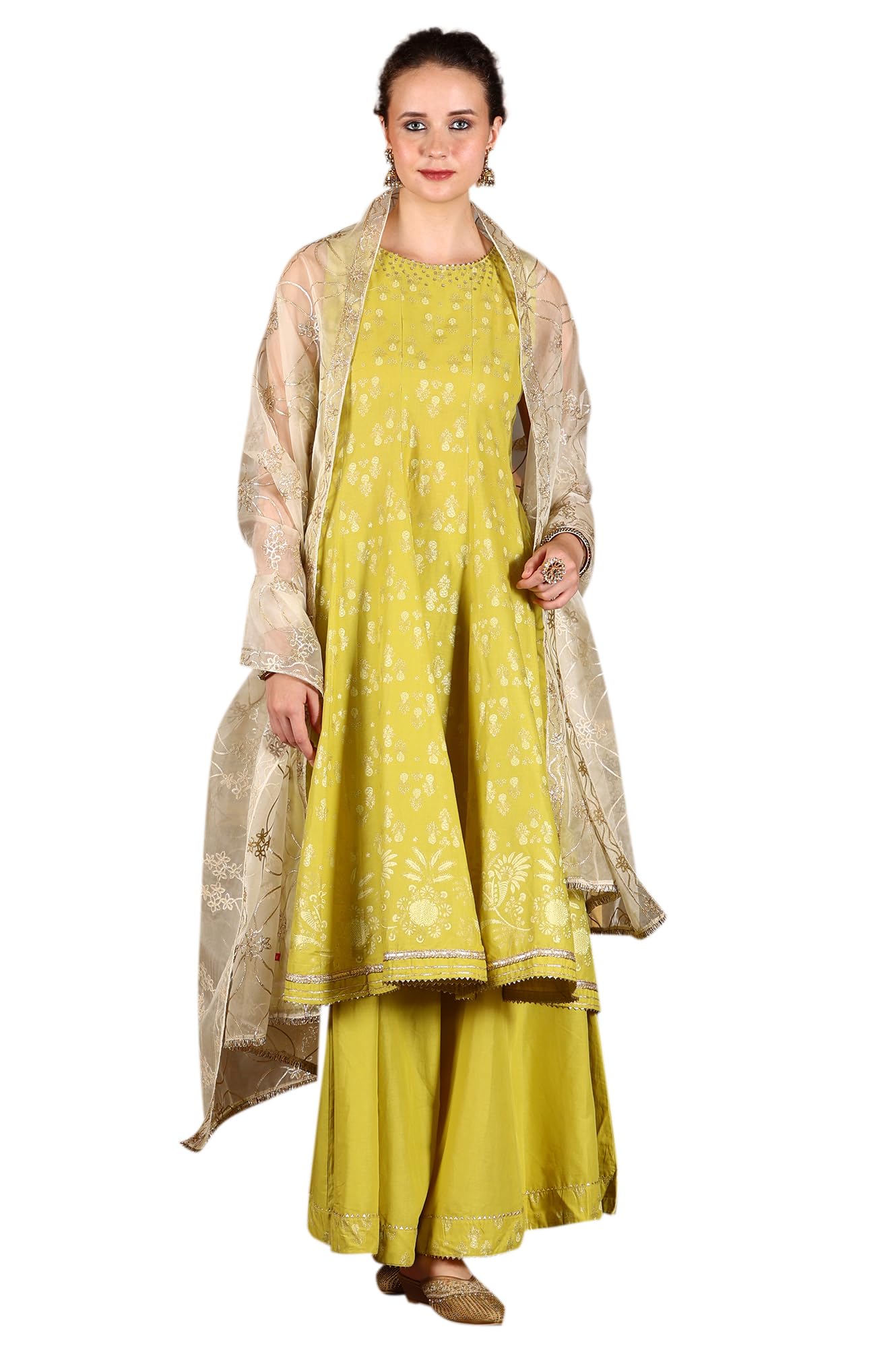 W for Woman Green Glitter Printed Embellished Sleeveless Flared Kurta, Culottes and Embroidered Dupatta Set (Size: 3XL)-24AUWS11714-124510