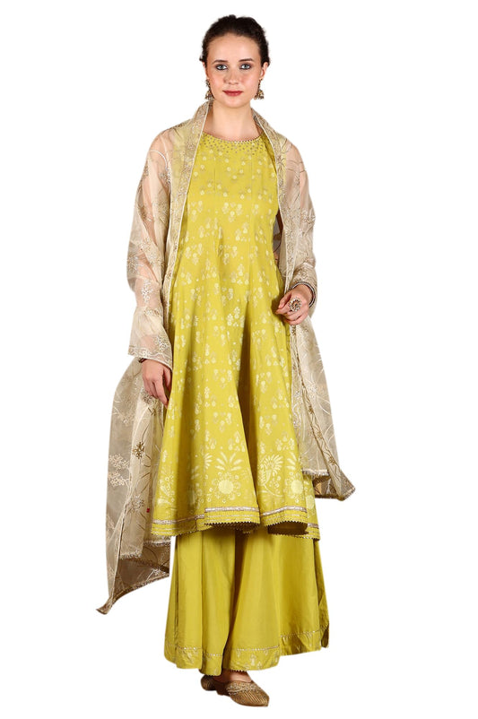 W for Woman Green Glitter Printed Embellished Sleeveless Flared Kurta, Culottes and Embroidered Dupatta Set (Size: 3XL)-24AUWS11714-124510