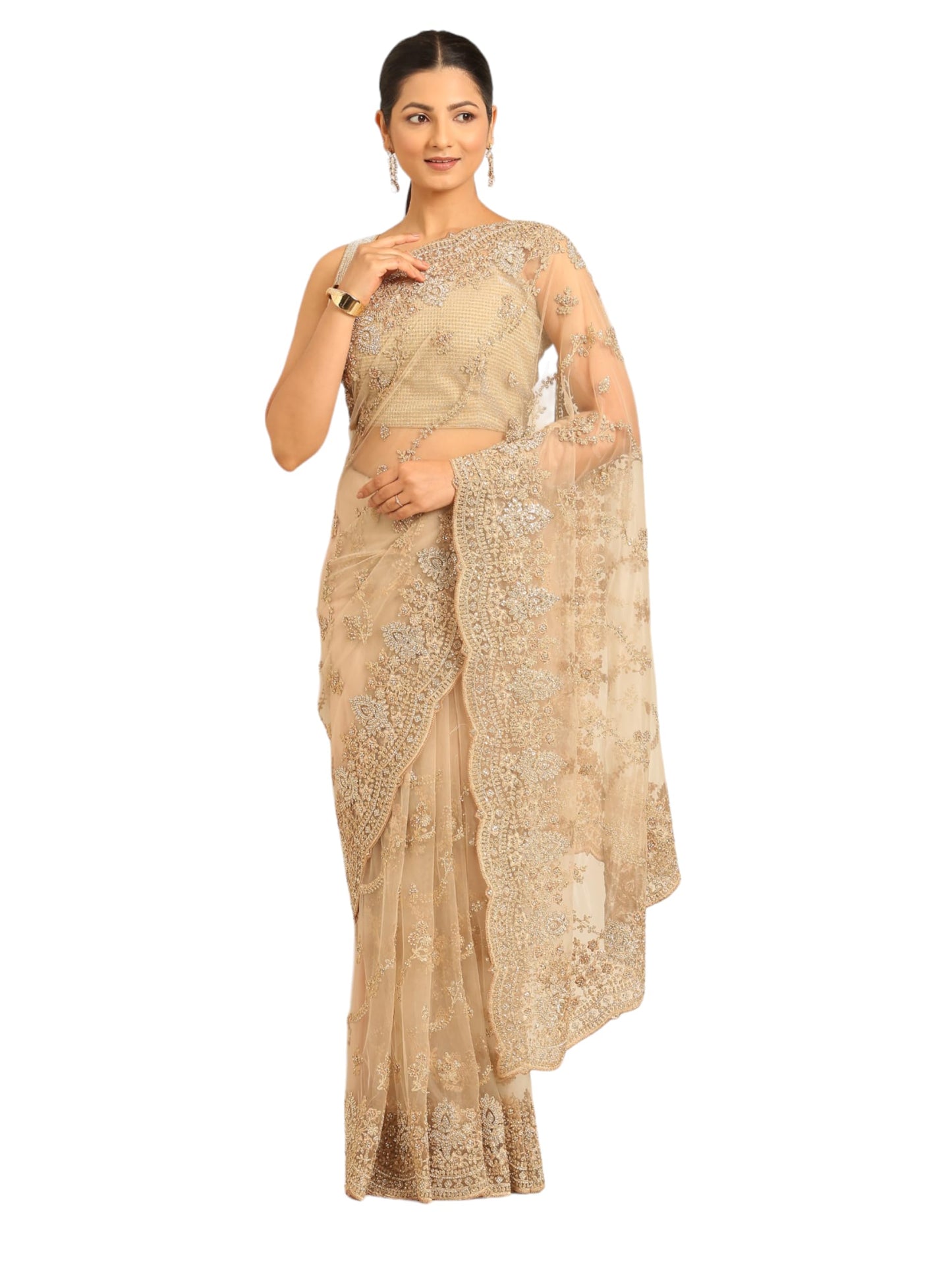 MOHEY Women's Beige Net Embroidered|Stone Work| Saree