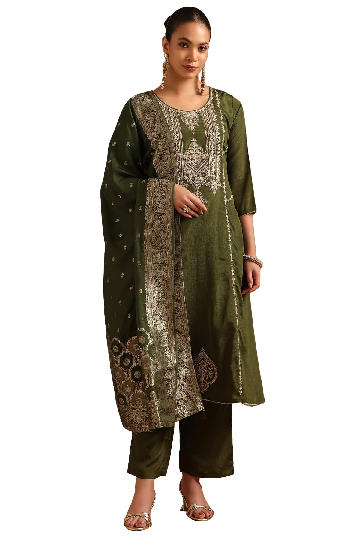 Soch Womens Green Viscose Blend Ethnic Motifs Salwar Suit With Zari