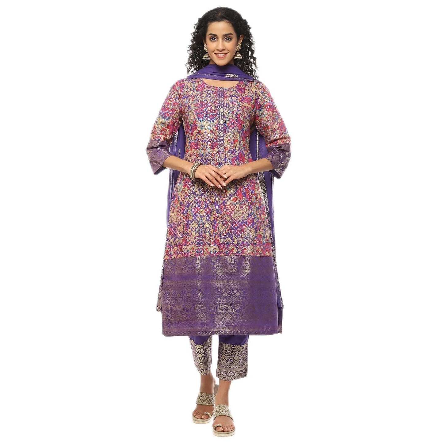 BIBA WOMEN PRINTED STRAIGHT SALWAR KURTA DUPATTA(SKDASSORTED7566E_PURPLE_38)