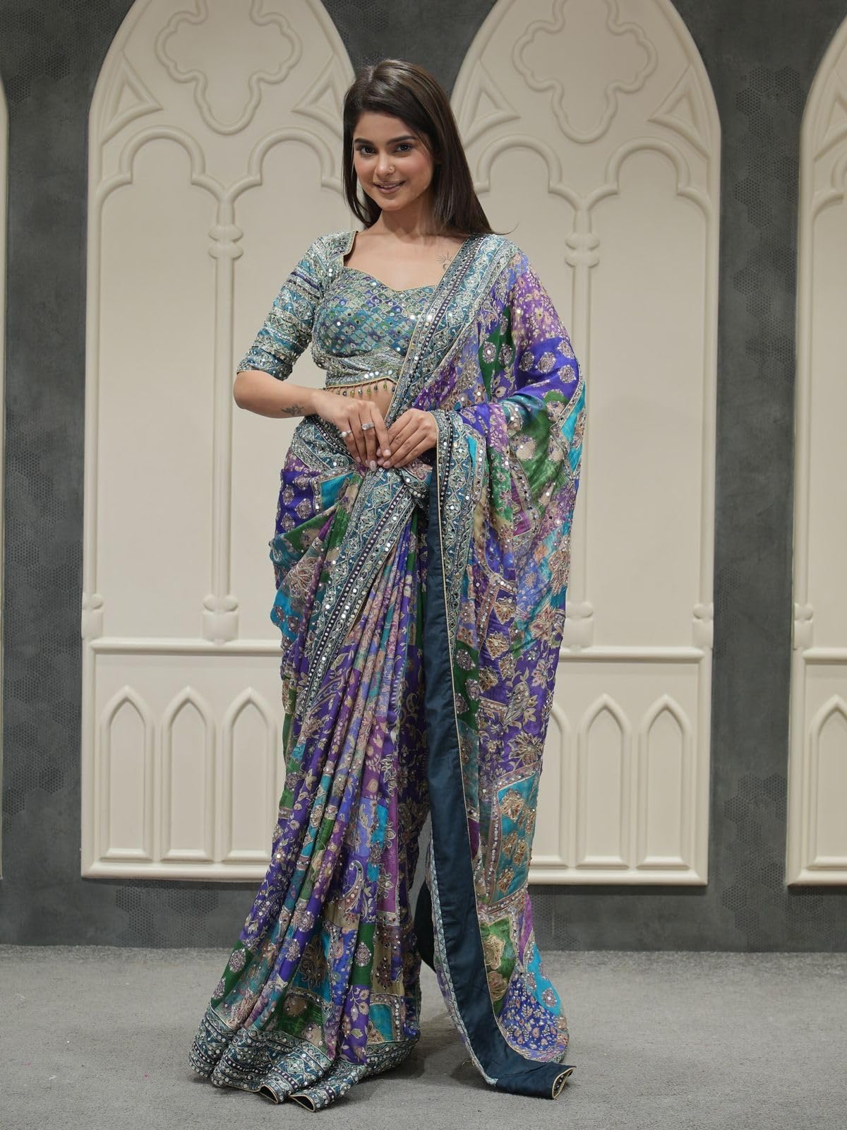 SATPURUSH Printed Chinon Silk Saree for Women