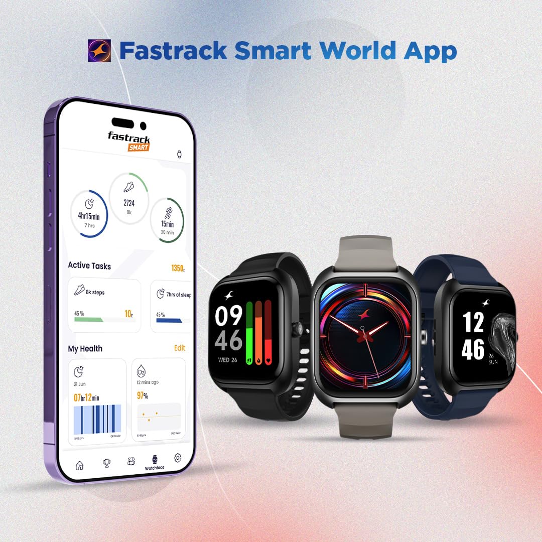 Fastrack VOX Plus 1.85” Smart Watch for Men & Women with TFT Display,to-do List,BT Calling, Offline Voice Commands, 24/7 Health Suite (SPO₂, HRM, Sleep), IP68, Games & Multiple Watch Faces