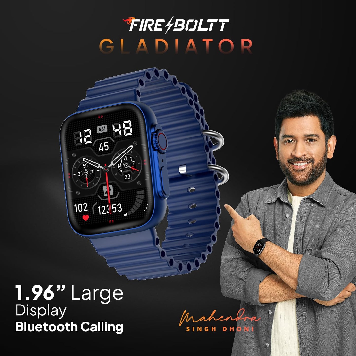 Fire-Boltt Gladiator 1.96" Biggest Display Smart Watch with Bluetooth Calling, Voice Assistant &123 Sports Modes, 8 Unique UI Interactions, SpO2, 24/7 Heart Rate Tracking (Blue)