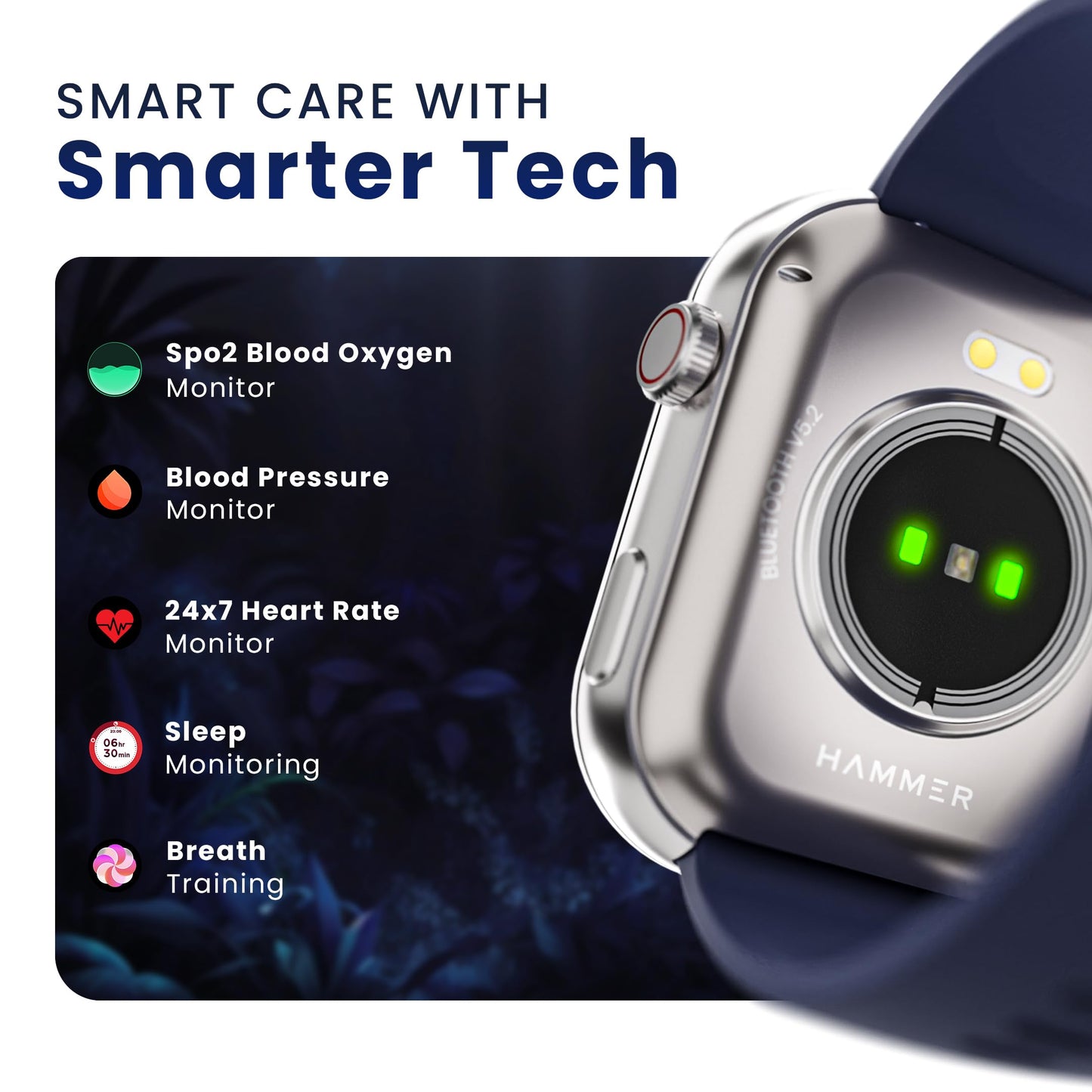 Hammer Tussle 2.01" HD Display Smart Watch, Bluetooth Calling, Rotating Crown, Voice Assistant, In-Built Games, Smart Notifications, Customized Watchfaces, Sports Mode, DND, Raise to Wake Admiral Blue