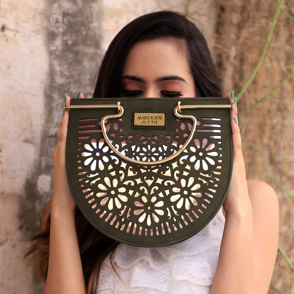 Modern Myth The Arc PU Material Embellished Casual Sling Bag for Women with Olive Geometric Print