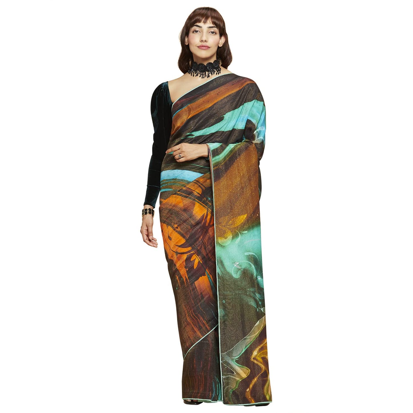 Navyasa Womens Teal Liva Shimmer Printed Woven Saree with Unstitched Blouse Piece