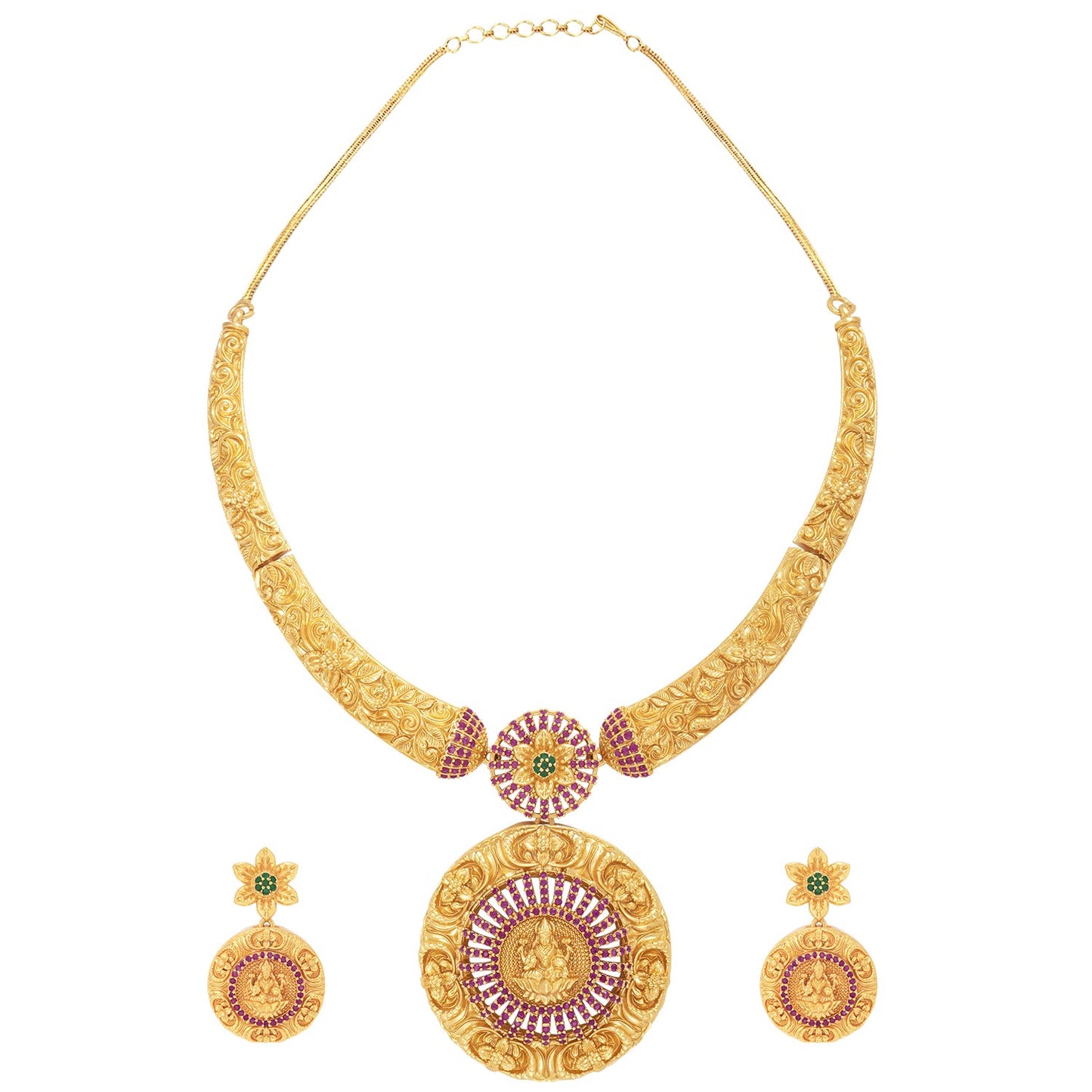Peora Gold Plated Red Green Goddess Laxmi Stud Pendant Necklace Earring Temple Jewellery Set for Women