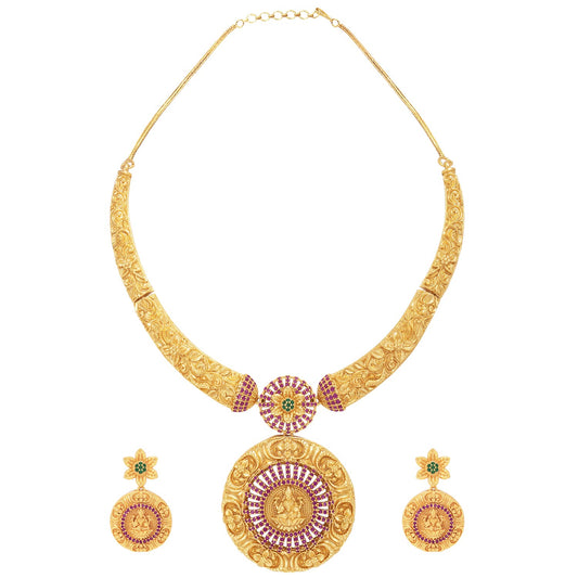 Peora Gold Plated Red Green Goddess Laxmi Stud Pendant Necklace Earring Temple Jewellery Set for Women