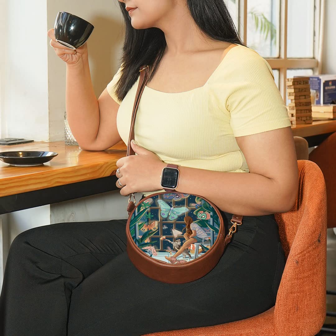 Kalankit Round Sling For Women | Travel Crossbody Bags | Side Bags With Adjustable Strap | Girls Daily Use Sling Bags | Glowing Butterflies