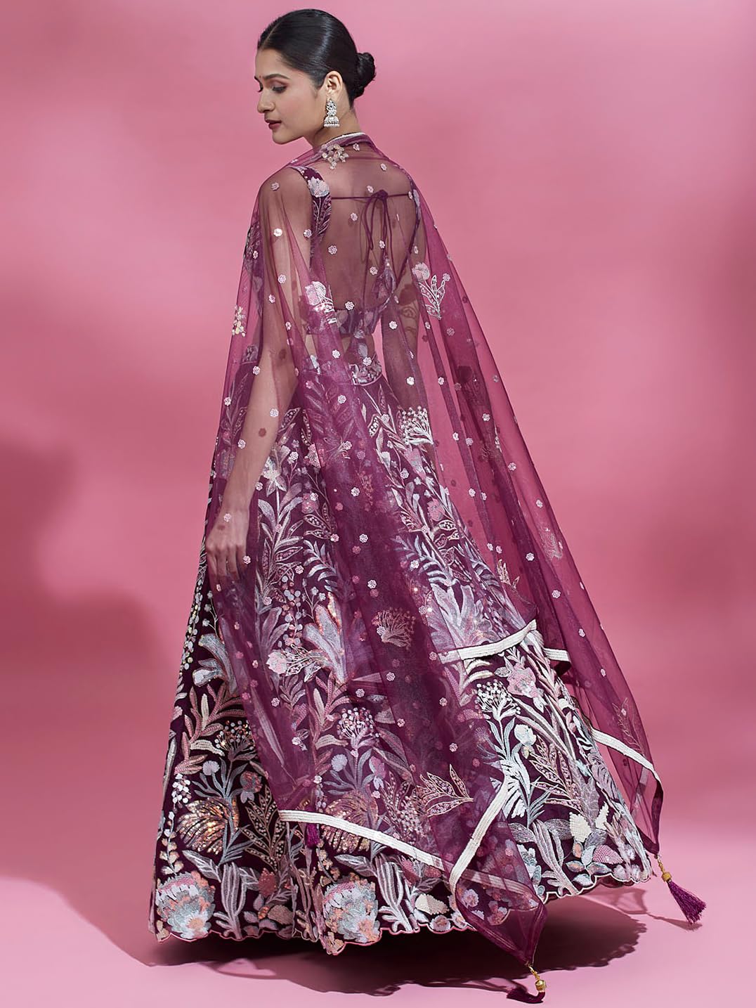 Zeel Clothing Women's Net Sequins Embroidered Soft Net Semi Stitched Lehenga Choli With Dupatta (6032-Wine-Wedding-Stylish-Lehenga-Choli-Latest; Free Size), Multicolor